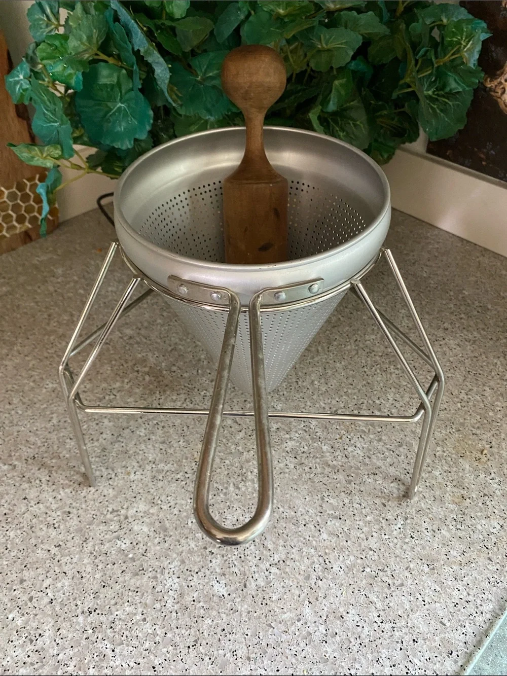 Vintage Cone Sieve, Wooden Pestle & Aluminum Stand